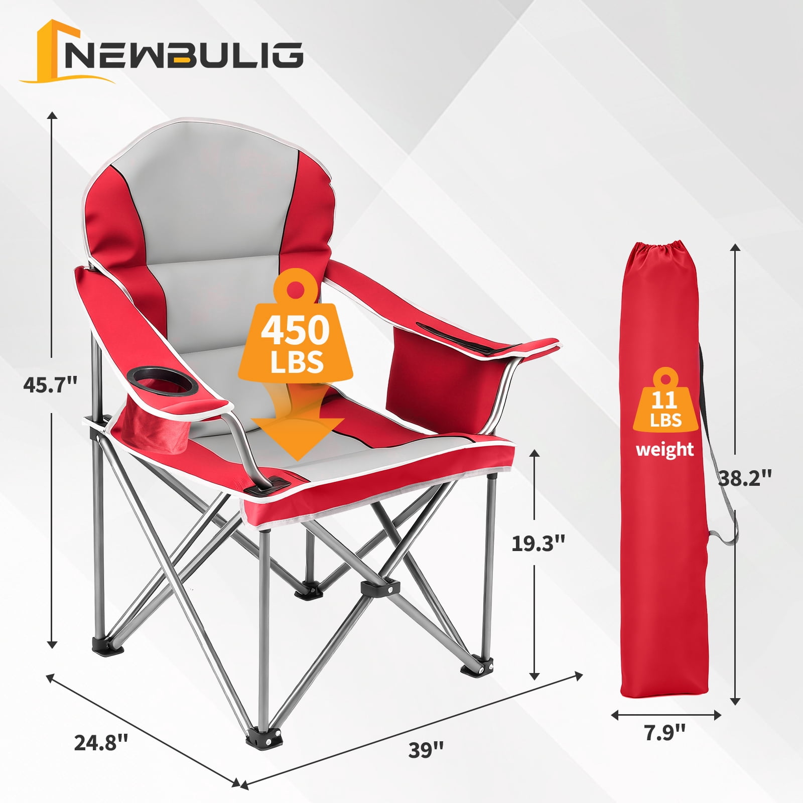 2 PCS Oversized Camping Chair, Folding Chairs with Padded Back and Armrest, Steel Frame with Cooler Bag, Storage Netting Cup Holder, Red