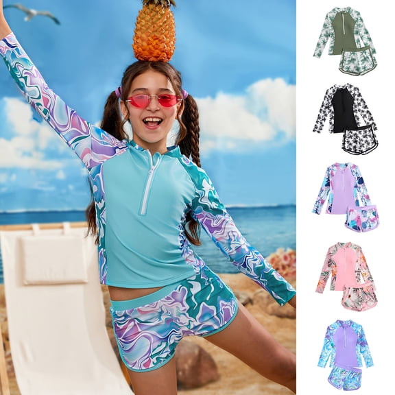 XFeng 2 Piece Long Sleeve Bathing Suit for Girls, Swimsuits Swim Shirt with Shorts Set,Blue,11-12 Years