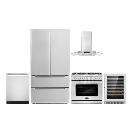 Cosmo 5 Piece Kitchen Appliance Packages with 36  Freestanding Gas Range 36  Wall Mount 24  Built-in Fully Integrated Dishwasher French Door Refrigerator & 48 Bottle Wine Refrigerator
