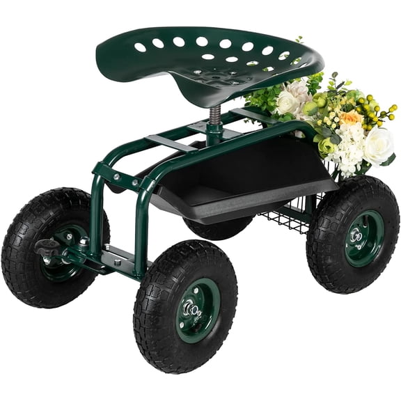 WJSP Garden Cart Green 29.5"D x 17.7"W x 21.5"H Rolling Work Seat 360 Swivel Basket Tool Tray 330Lbs