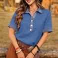 thumbnail image 6 of Miluxas Women's Summer Short Sleeve Tops Button-Up Collared Shirts with Linen and Denim Contrast Collar Trendy Business Casual Tunic Blouse Blue, 6 of 8