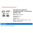 thumbnail image 2 of Rear Brake Pad and Rotor Kit - Compatible with 2007 - 2014 Chevy Suburban 1500 2008 2009 2010 2011 2012 2013, 2 of 2