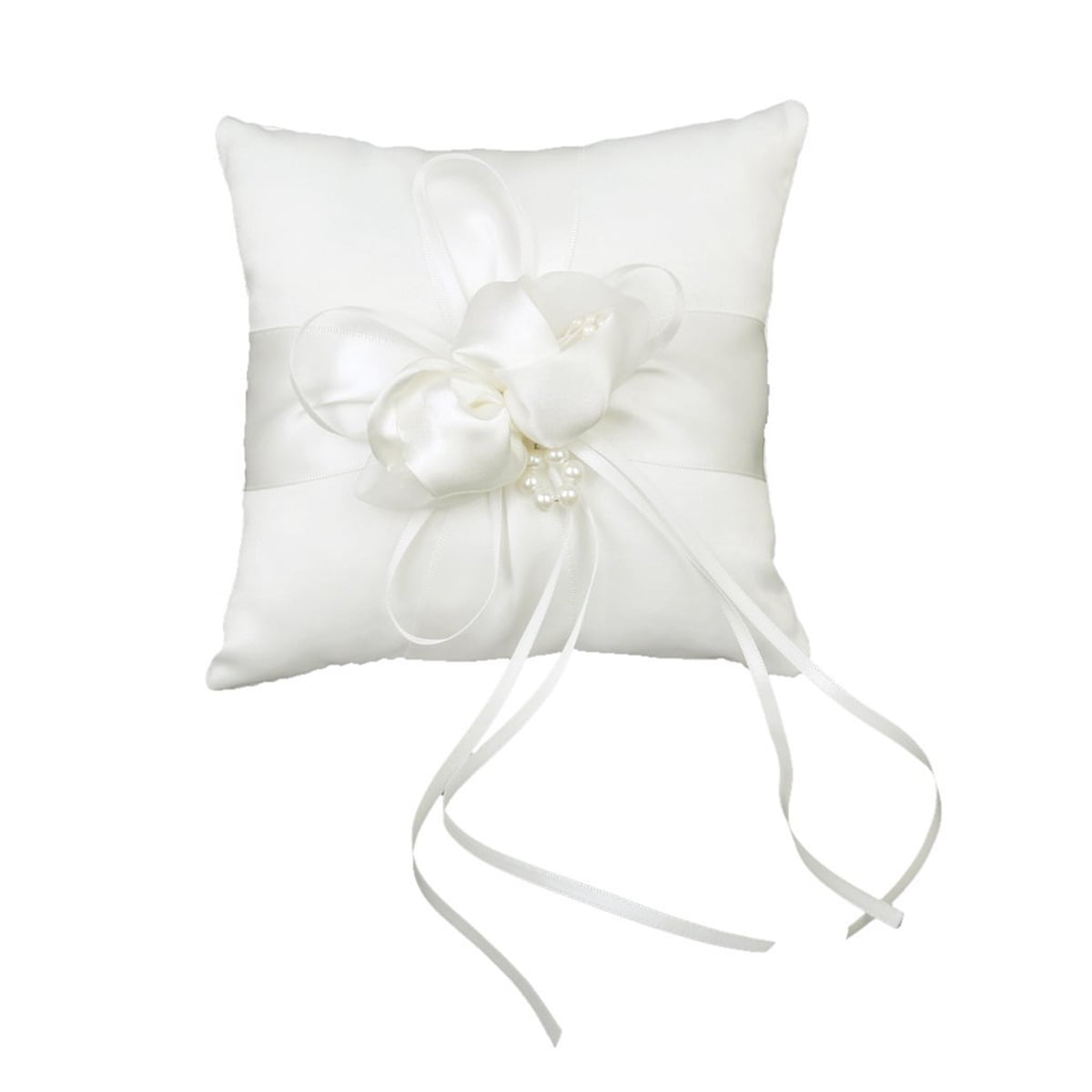 OUNONA 15*15cm Lovely Flower Buds & Faux Pearls Decor Bridal Wedding Ceramony Pocket Ring Pillow Cushion Bearer with Ribbons (White)