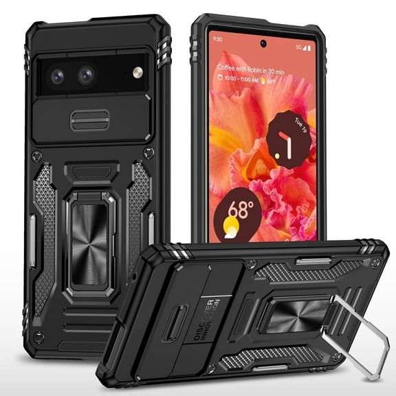 FIEWESEY for Pixel 7 Case,Google Pixel 7 Case with Slide Camera Cover [Camera Protection] [Magnetic Rotate Kickstand] Military Grade Shockproof Heavy Duty Protective Cover -Black