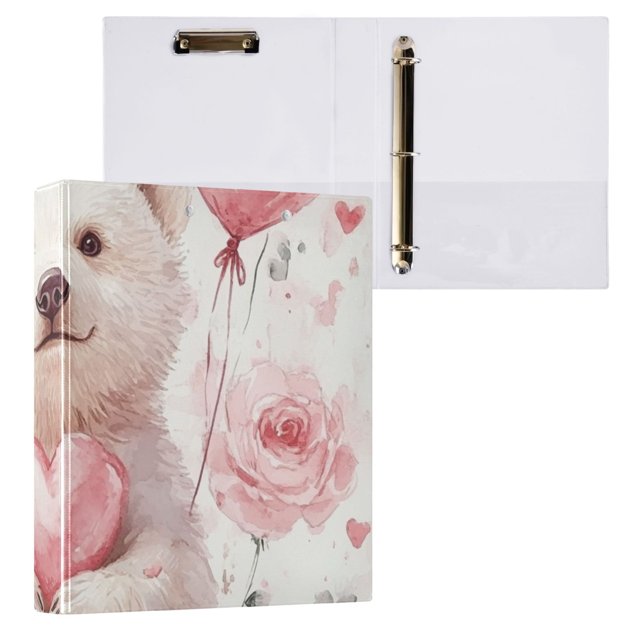 Bear Roses Hearts 3 Ring Binders 1.5 inch Hardcover File Folders with Interior Pockets A4 Size Organizer for School Office Hospital