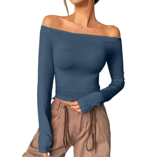 Top de manga larga con hombros descubiertos para mujer: camiseta corta sexy, material de poliéster, tallas XS-XL, ideal para la moda otoñal y para salir