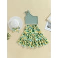 thumbnail image 2 of Toddler Girls Summer Outfit Sets Solid Color Sleeveless One Shoulder Tops Floral Skirt With Hat, 2 of 8