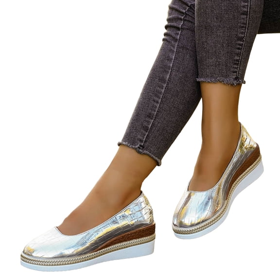 Platform Wedge Dress Shoes for Women Slip On Fashion Patent Leather Loafers Comfortable Non Slip Low Top Business Shoes Silver Size 8.5