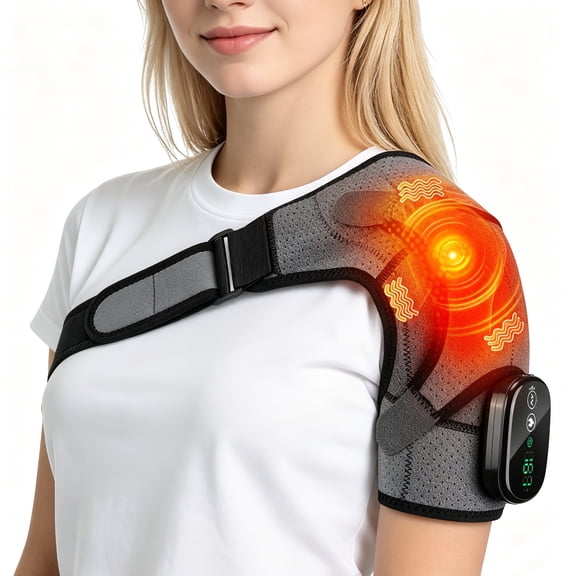 Heated Shoulder Brace Wrap, Electric Shoulder Heating Pad with Massage, Cordless Heated Shoulder Massager with 3 Heat & Vibration for Men Women,Gray