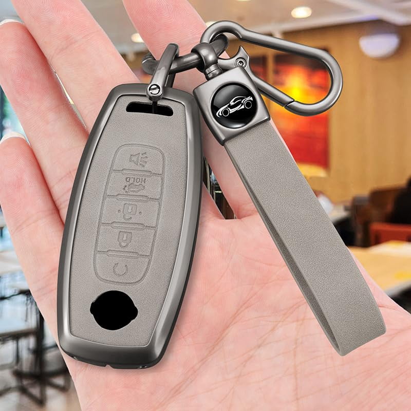 Key Fob Cover Compatible with Fit for Nissan Rogue Pathfinder Versa Kicks Sentra Ariya 2023 2024 Stylish Metal Leather 5 Button Key Case Holder Protector Keychain