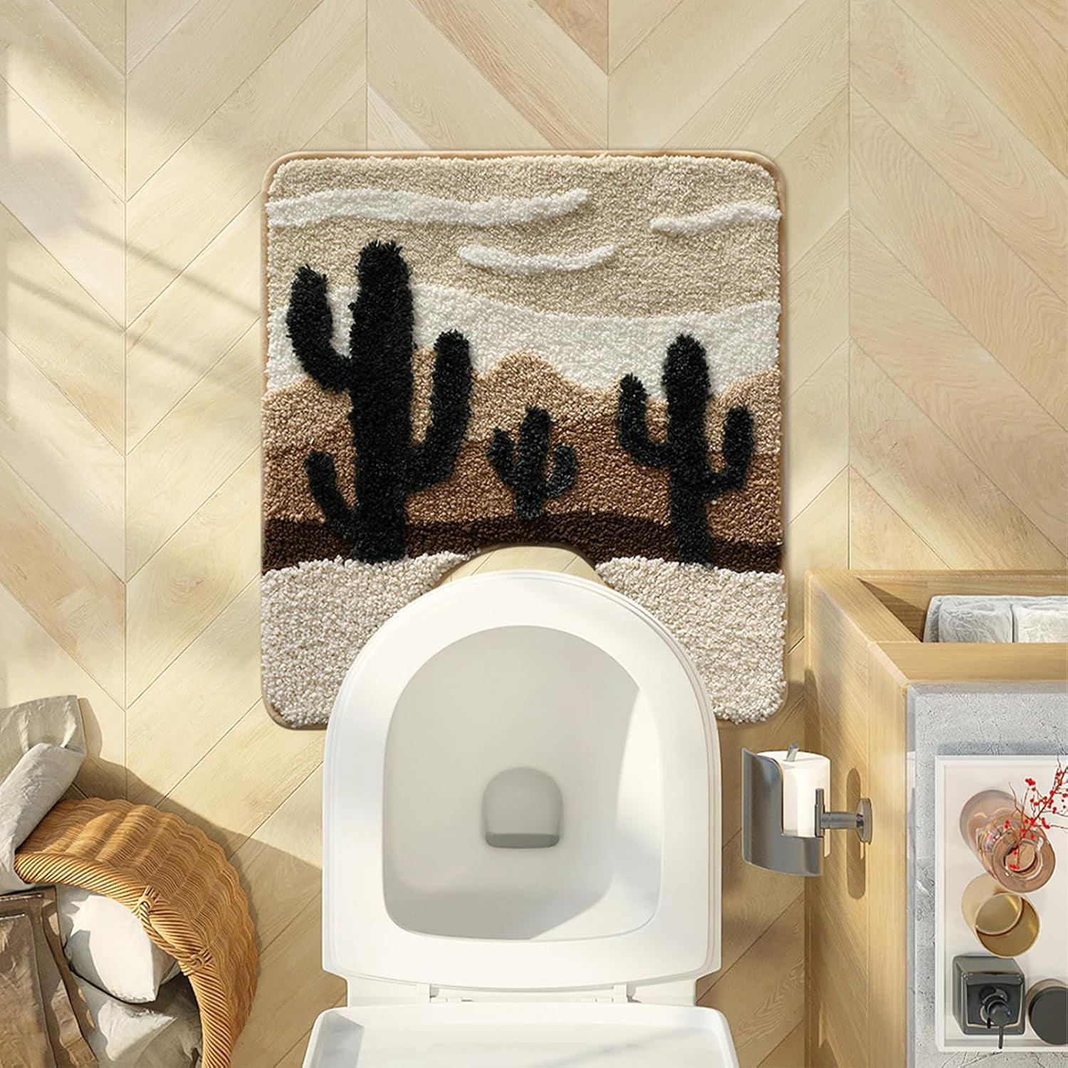 Desert Cactus Toilet Mat, U-Shaped Non-Slip Bath Rug with Soft Absorbent Microfiber, Beige Brown Bathroom Floor Mat for Toilet Base, Machine Washable Bathroom Decor 22x20 Inch