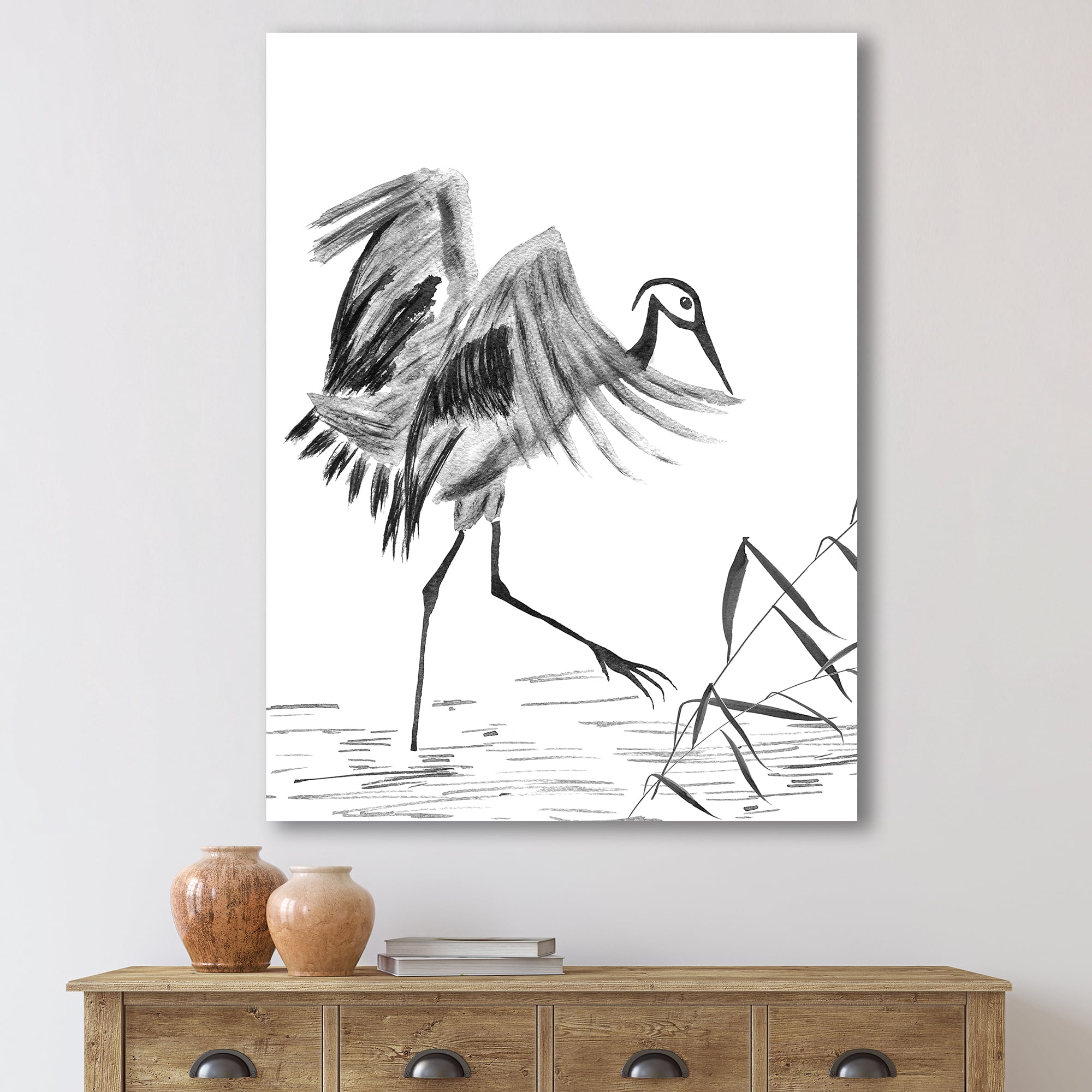 Designart ' Monochrome Japanese Oriental Crane Bird ' Traditional Canvas Wall Art Print
