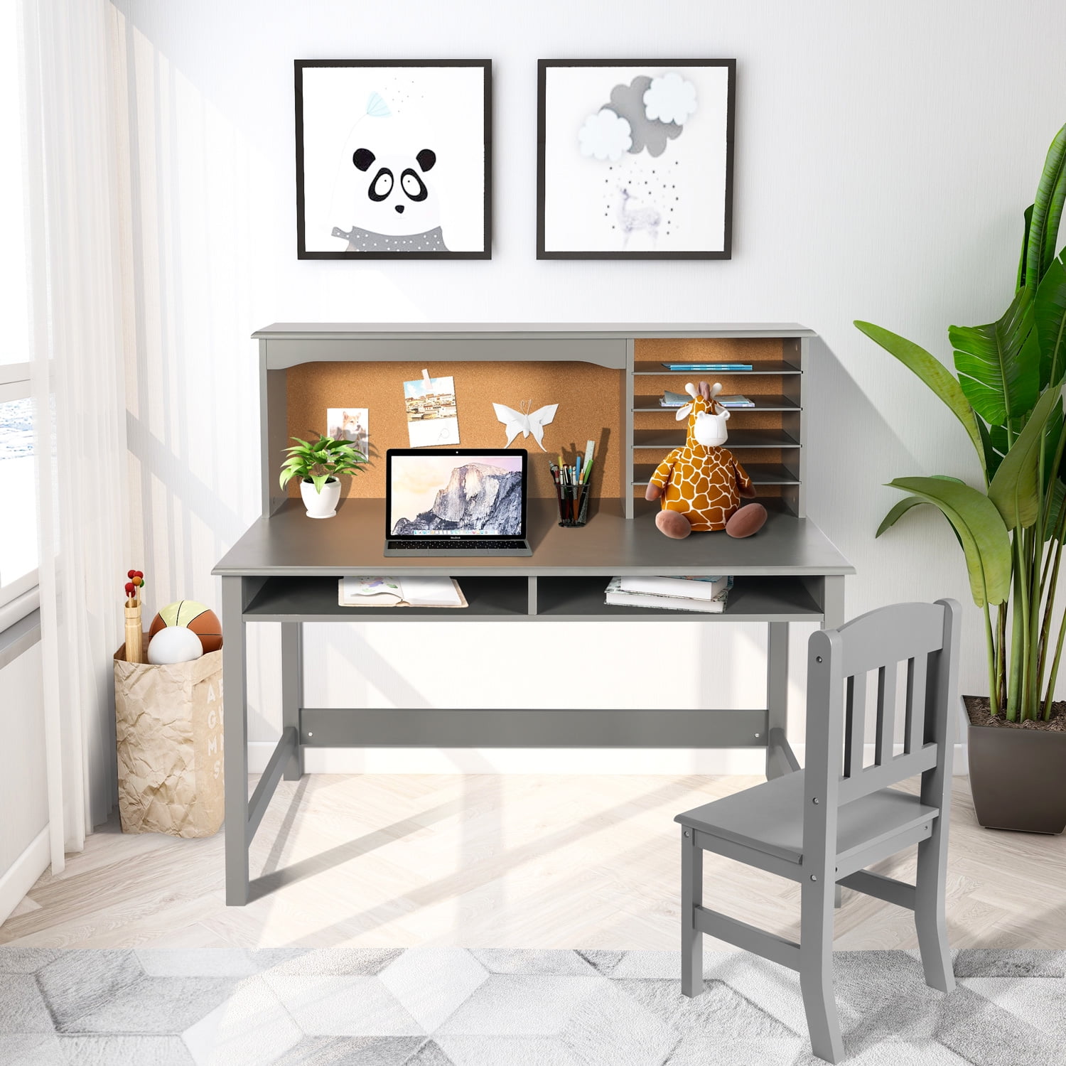 Buy FUNKOCO Learning Desk and Chair Set Kids' Wooden Study Computer Workstation with Hutch and