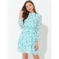 thumbnail image 3 of Vestido de gasa de manga larga con dobladillo con volantes y cuello alzado floral para mujer Azul claro S, 3 of 5