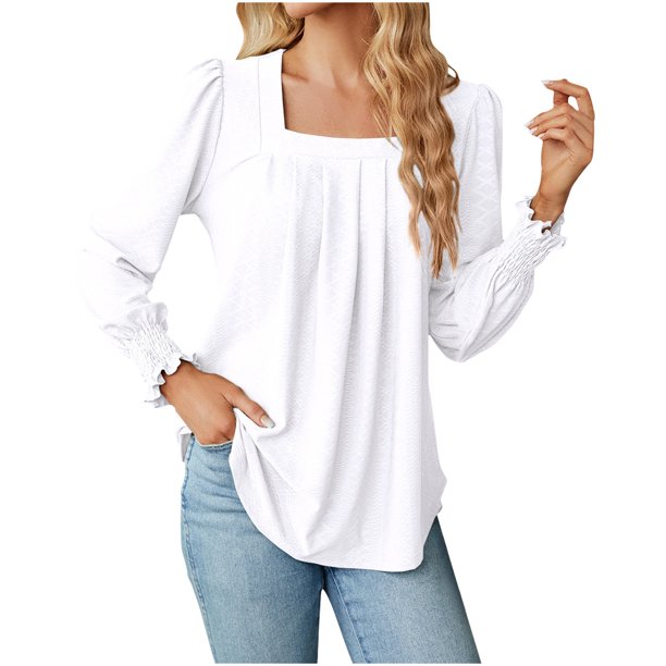 PEZHADA Fall Savings Clearance Women Tops Long Sleeve Casual Solid Square Neck  Pleated Tee Blouse T-shirt Tunic Spring Autumn Top White 