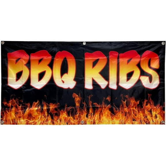 4 Less  Feet BBQ RIBS Banner Sign Fabric Polyester kb