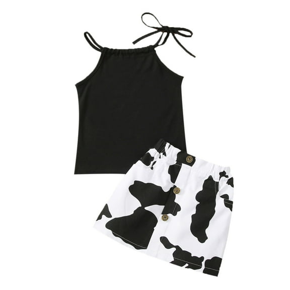 Piomll Outfit Sets For Girls 2 Pcs Sleeveless Lace Up Solid Color Milk Cow Print Button Skirt Kids Outfits
