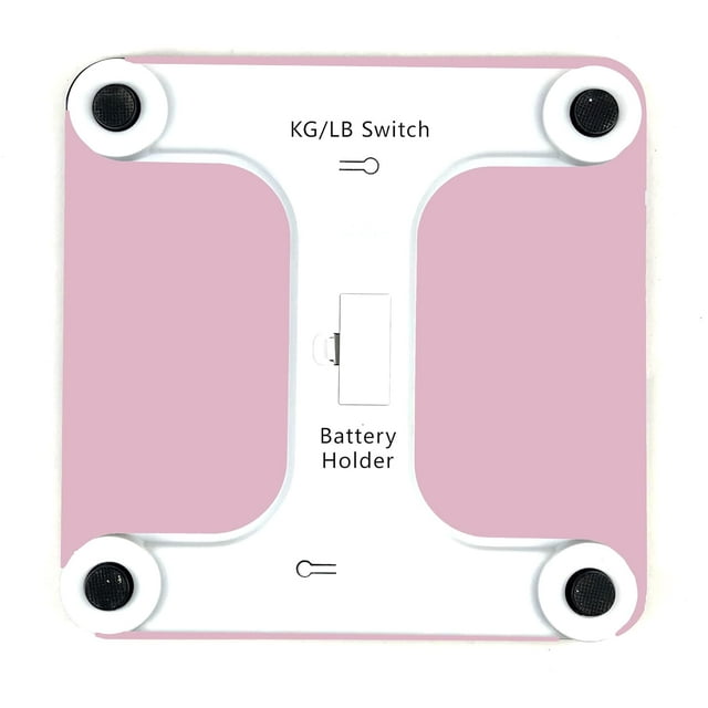 KUNOVA (TM) pink digital bathroom weight body scale with smart step-on technology. Features a backlit white LED display, room temperature, and battery level indicators. Supports up to 400lb (180kg) with 0.2lb (0.1kg) increments using 4 high-precision Gx sensors. Includes non-slip feet for stability and a KG/LB switch for unit conversion. The underside shows the battery holder and switch layout.
