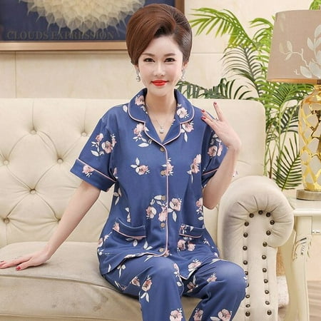 

QWZNDZGR Summer New Short Sleeve Women s Pajamas Set Cartoon Leisure Nightwear Knitted Cotton Plaid Long Pants Sleepwear Fashion Homewear