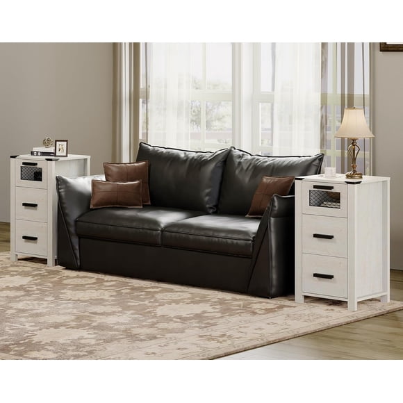 WAMPAT 2-Pack Farmhouse End Table with 3 Drawers, Sofa Side Table for Bedroom, Living Room, Office, Antique White