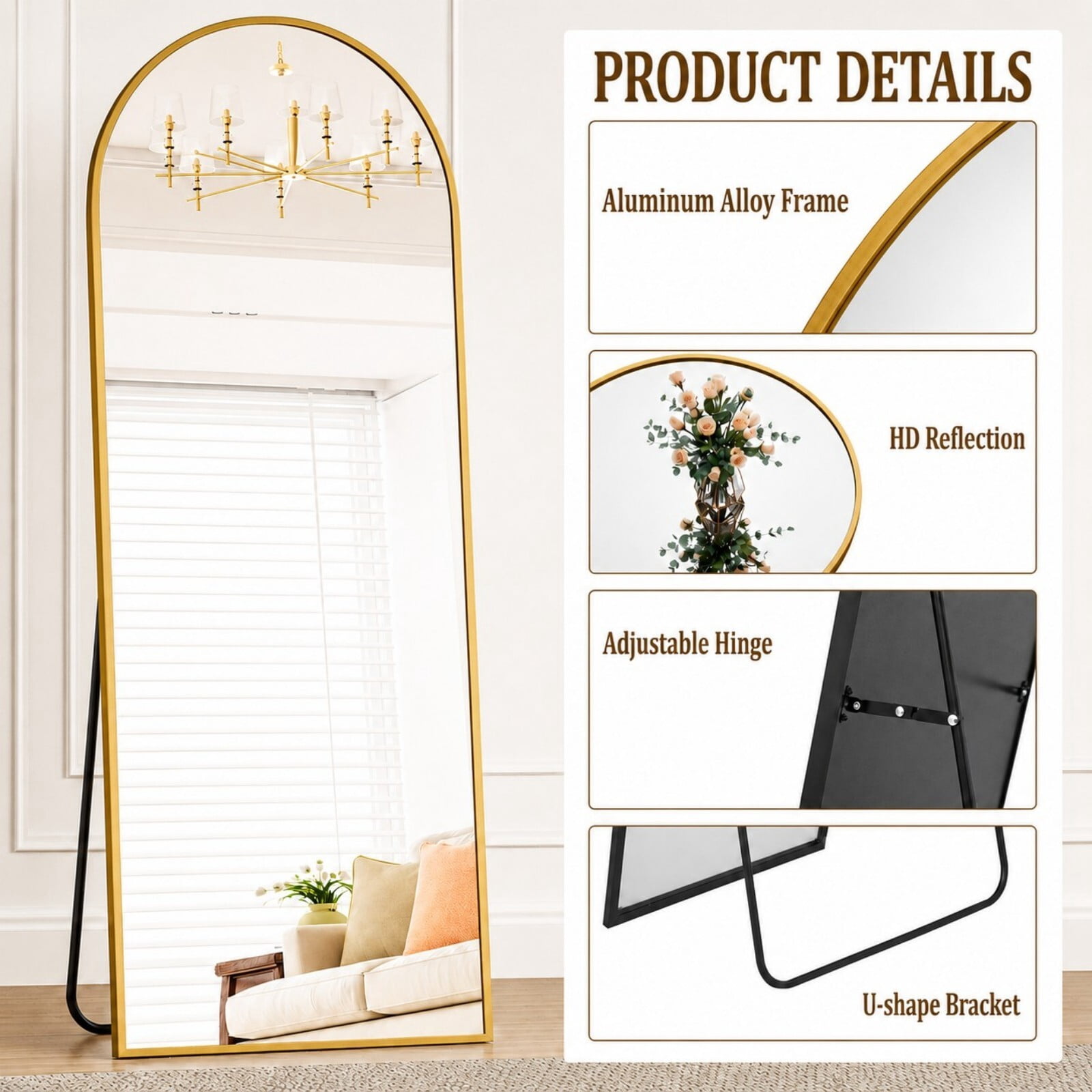 Mirrasia 71.3" x 26" Arched Full Length Mirror Full Body Mirror Wall Mounted, Gold