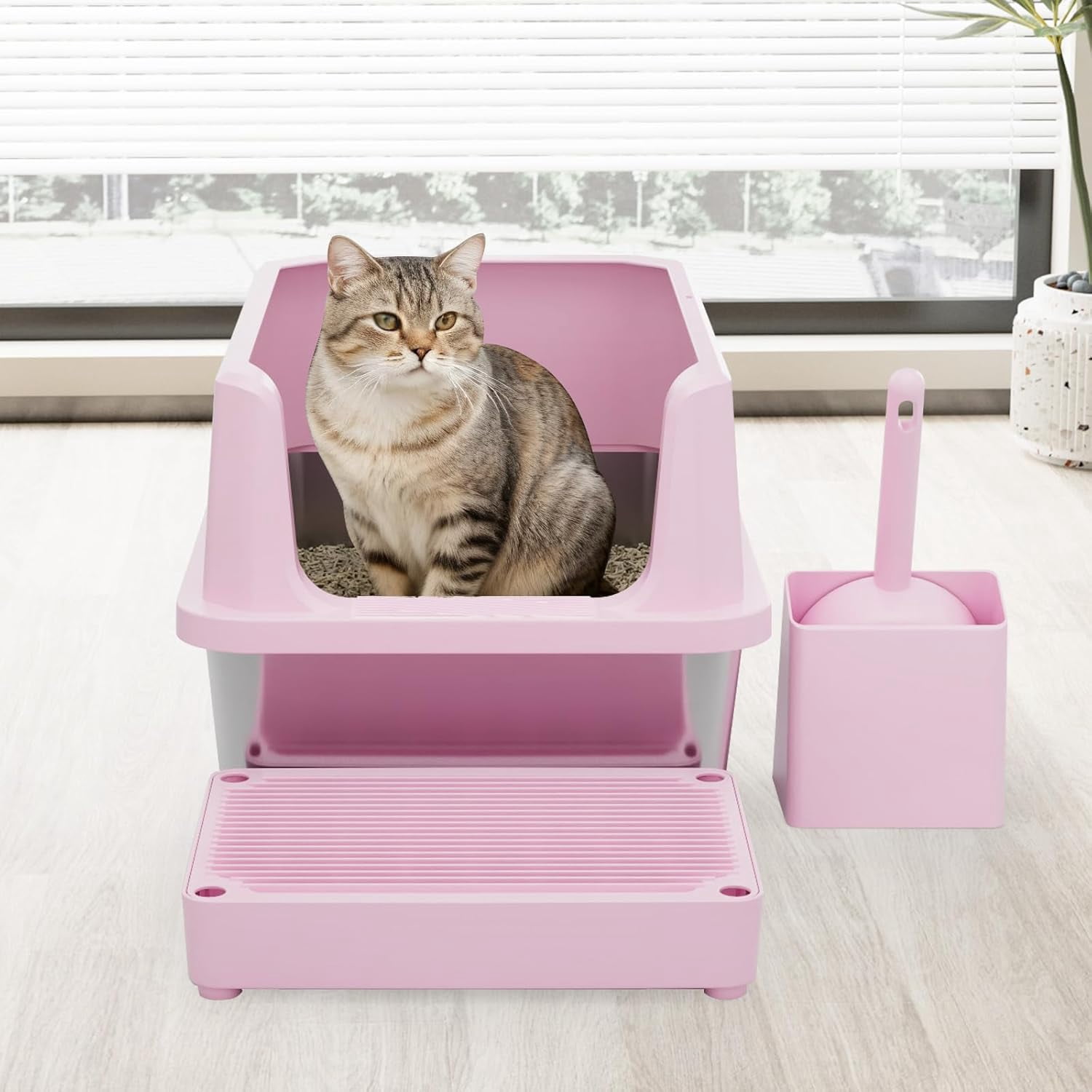 Cat Litter Box: Pink Stainless Steel Odor Control Pan - Easy Clean Non-Porous - 11.6" High Sides Anti-Scatter - Open Top for Fast Scooping - with Scoop - Apartment Bathroom/Laundry Room