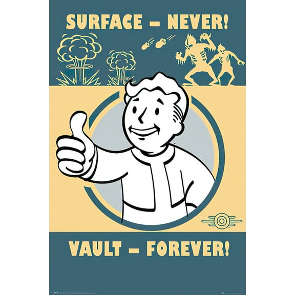 Fallout 4 - Framed Gaming Poster (Vault-Tec / Vault Boy - Surface - Never & Vault - Forever) (Size: 25" X 37") (Shiny White Aluminum Frame)