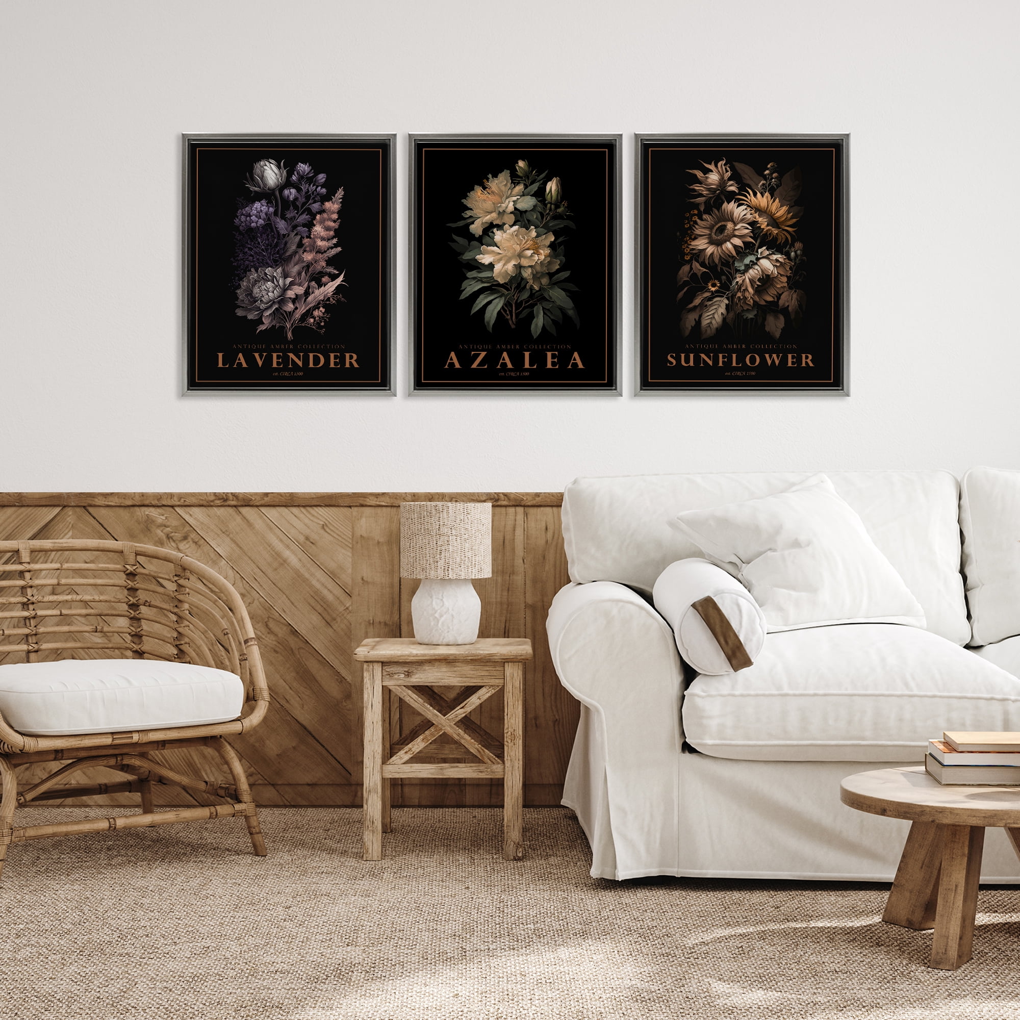 Stupell Industries Antique Botanical Herb Bushels 3 Piece Gray Framed Floater Canvas Set, design by Christopher Giampietro