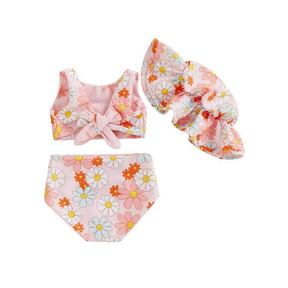 Faithtur Ensembles de Maillots de Bain d'Été 3 Pcs pour Tout-Petites Filles Débardeurs Sans Manches à Nœud + Shorts PP à Motif Floral + Chapeau