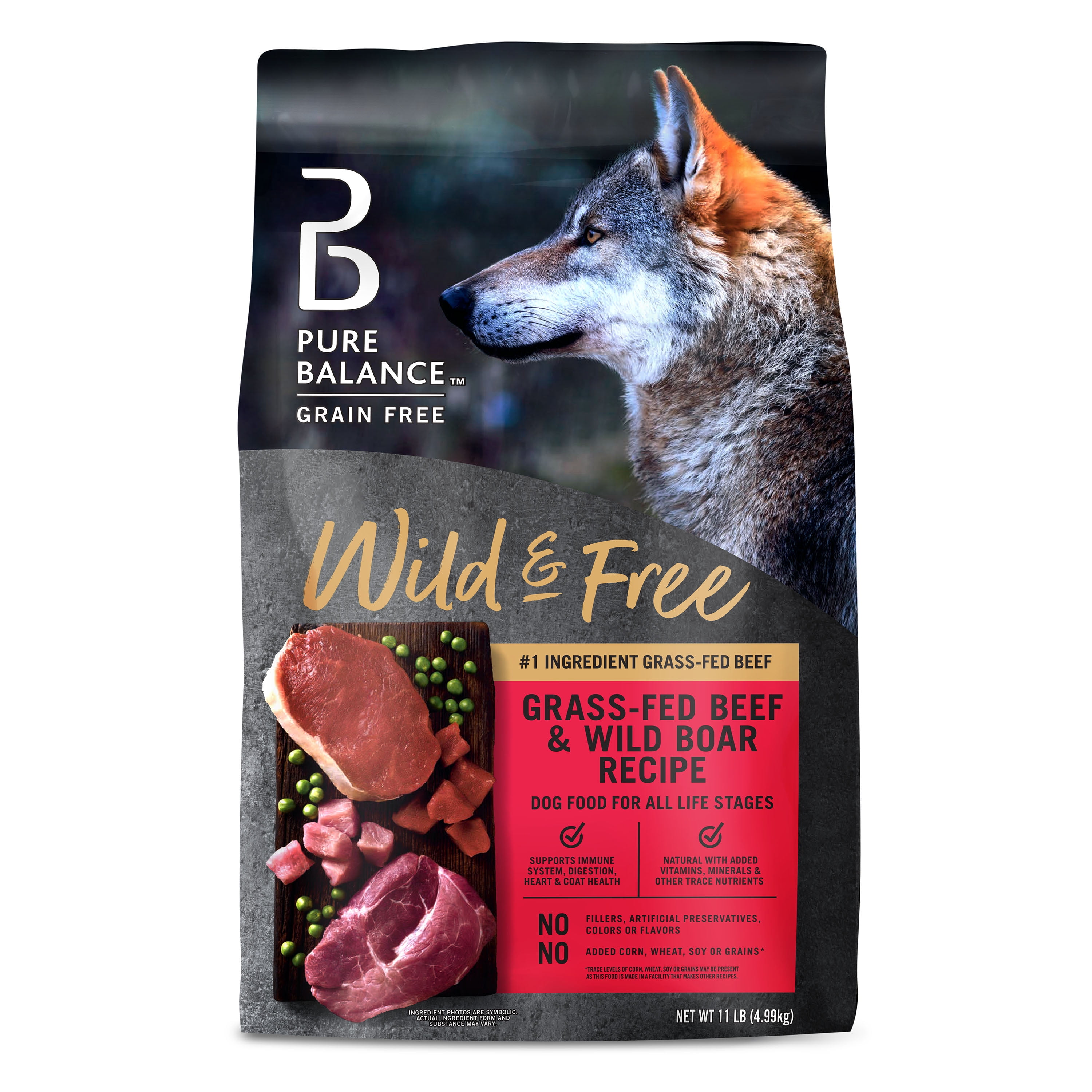 (4 pack) Pure Balance Wild & Free Grain-Free Beef & Wild Boar Recipe Dry Dog Food, 11 lb