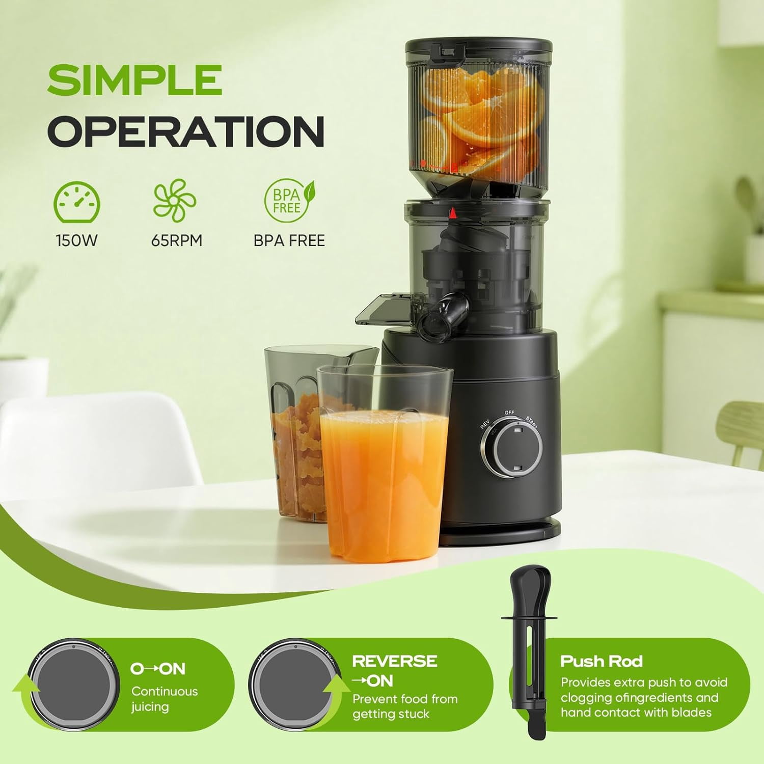 Cold Press Juicer  150W Slow Masticating with Wide Chute for Leafy Greens and Fruits Easy to Clean