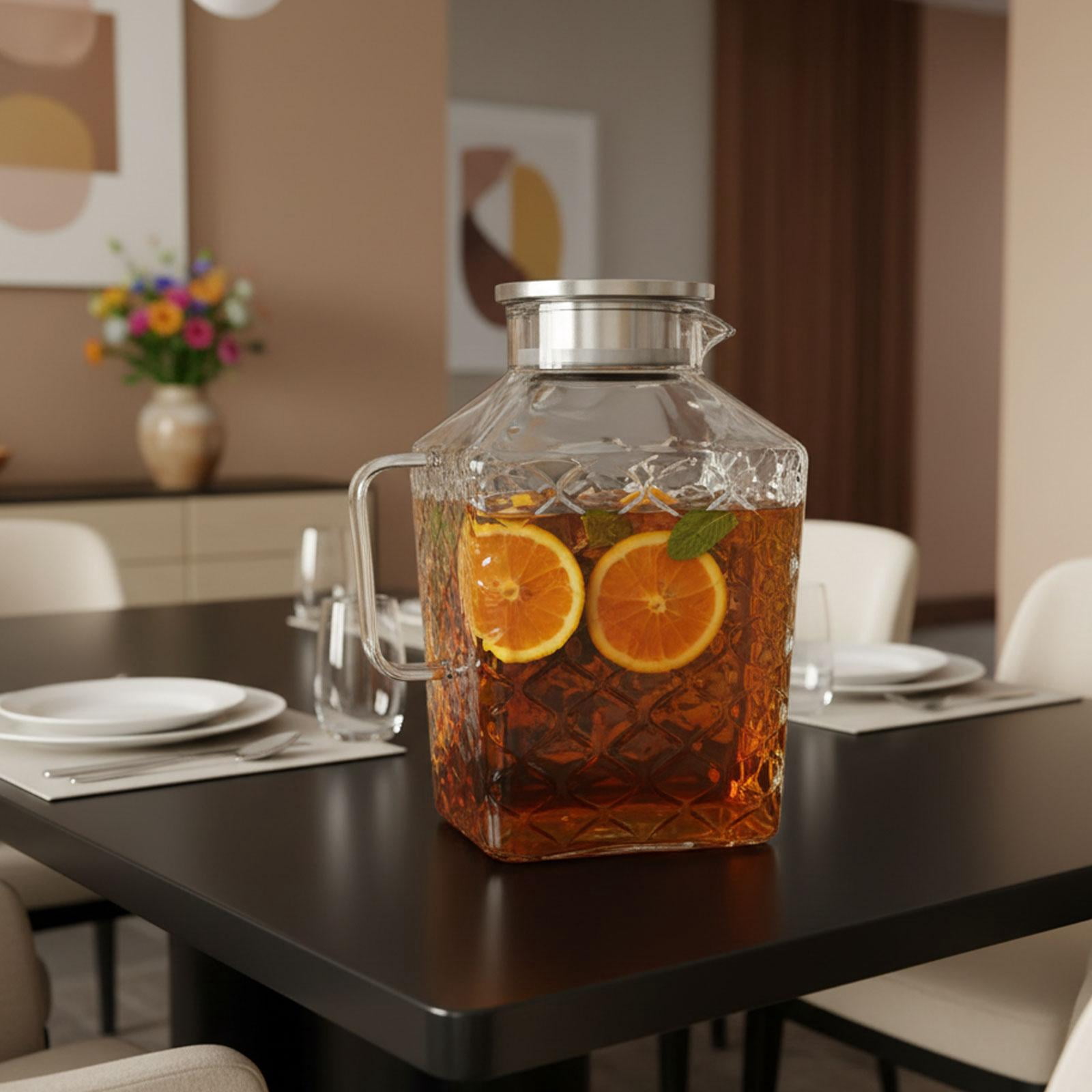 Fiocias Glass Pitcher Kettle Container Housewarming Gifts Clear Body Accessory Water Juice Jug for Lemonade Beverage Juice Silver Handle