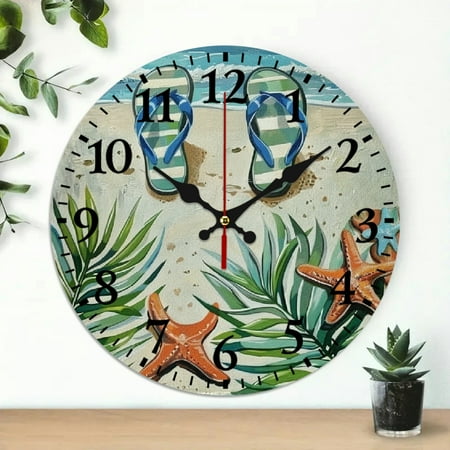 Pratyus Starfish Flip Flops Beach Theme 10-Inch Round Wooden Wall Clock for Living Rooms, Kitchens, Dorms - Practical Everyday Gift 10x10in