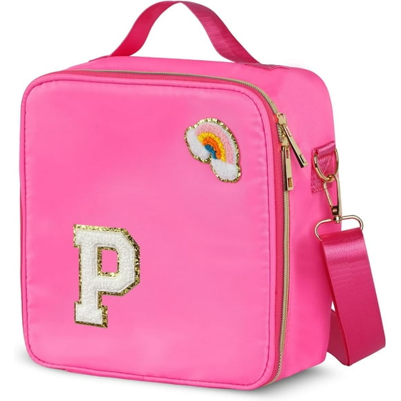 shiyou-Insulated Nylon Lunch Box for Girls, Kids, and Women-Stylish Pink Preppy Large Lunch Bag with Adjustable Strap and Chenille Letter 'P', Tote for School, Travel, and Picnics-Ideal Preppy Stuff