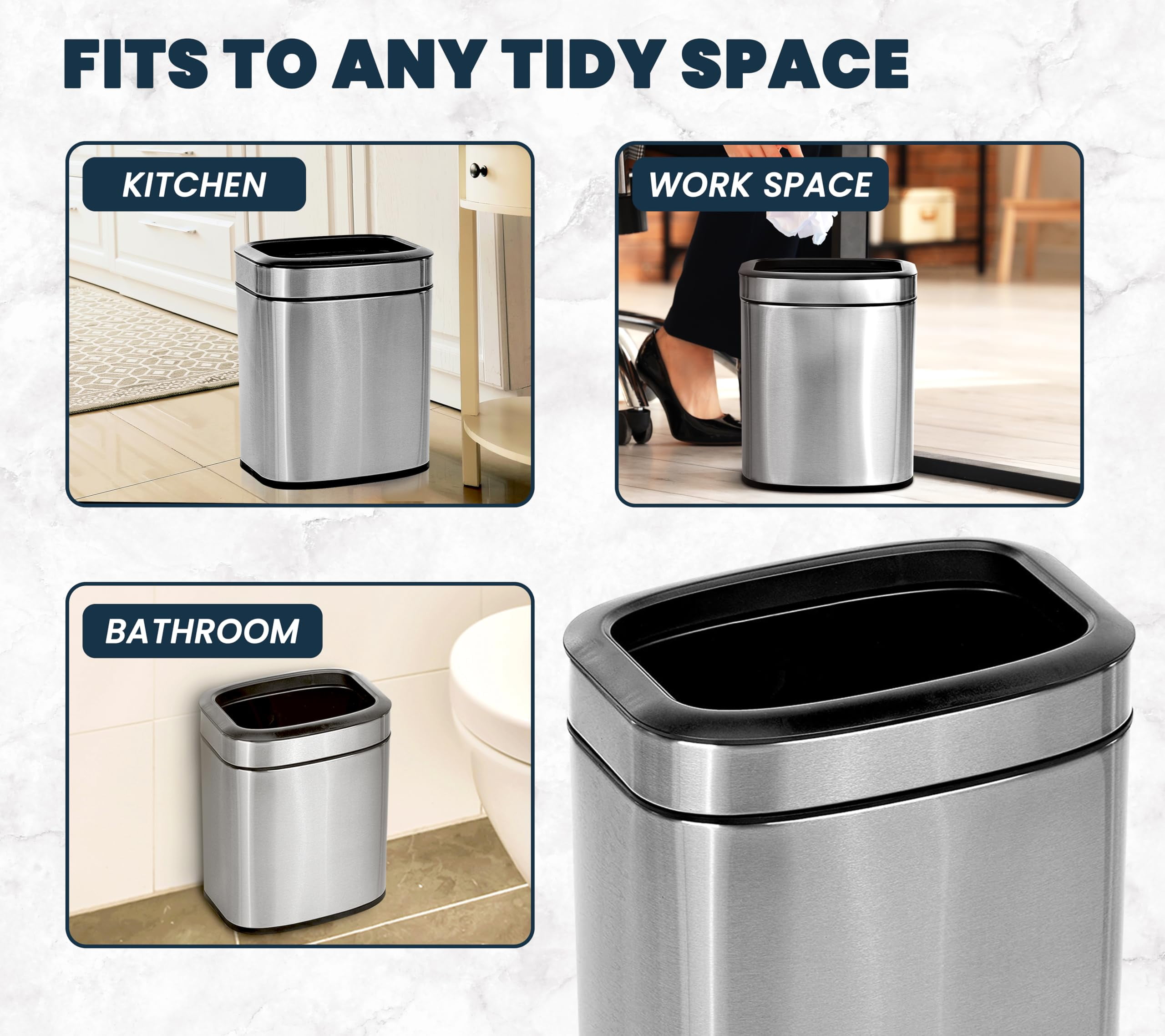 Alpine 10 Liter Small Bathroom Trash Can No Lid - Open Top SS Bathroom Trash Can 2.6 Gallon, Slim Silver Trashcans for Bedroom, Office, Desk, Kitchen with Removable Bin for Easy Disposal