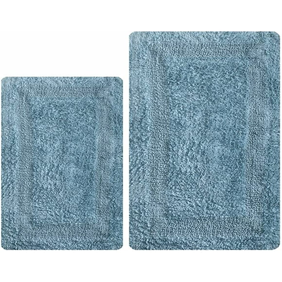 Thick Bathroom Rugs Set 2Piece in 100% Cotton 21x34/17x24 Spa Blue, Reversible Bath Rugs Set, Cotton Bath Mat,Cotton Bath Rugs, Soft Absorbent Machine Washable Rug,Livingroom Bath Rugs