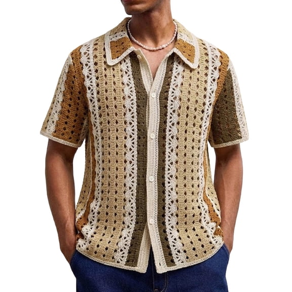 Kalauyu Mens Button Down Shirt Knit Crochet Hollow Out Short Sleeve Sweater Casual Summer Tops