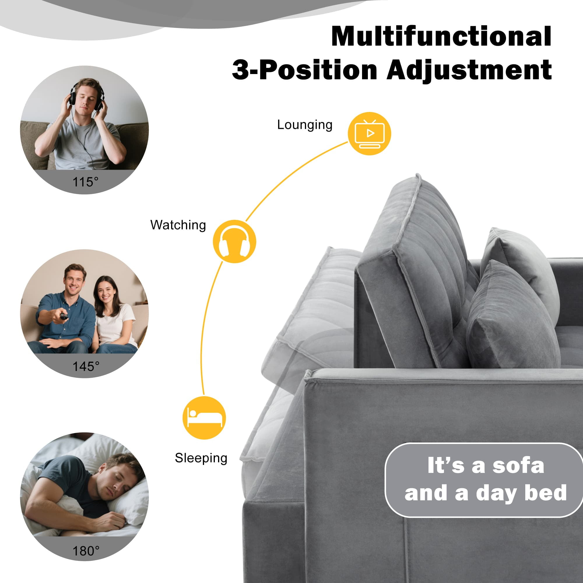 BSHTI 54" Fold out Sleeper Sofa Bed,Convertible Twin-Size Bed,With 3 Angles Adjustable Backres,Velvet Upholstery,Easy Assembly, Dark Grey