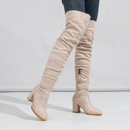 

Faux Suede Thigh High Block Heel Boots Plus Size Women s Suede Fabric Chunky Heel Pointed Toe Side Zipper Solid Color Knee-high Boots For Fall & Winter