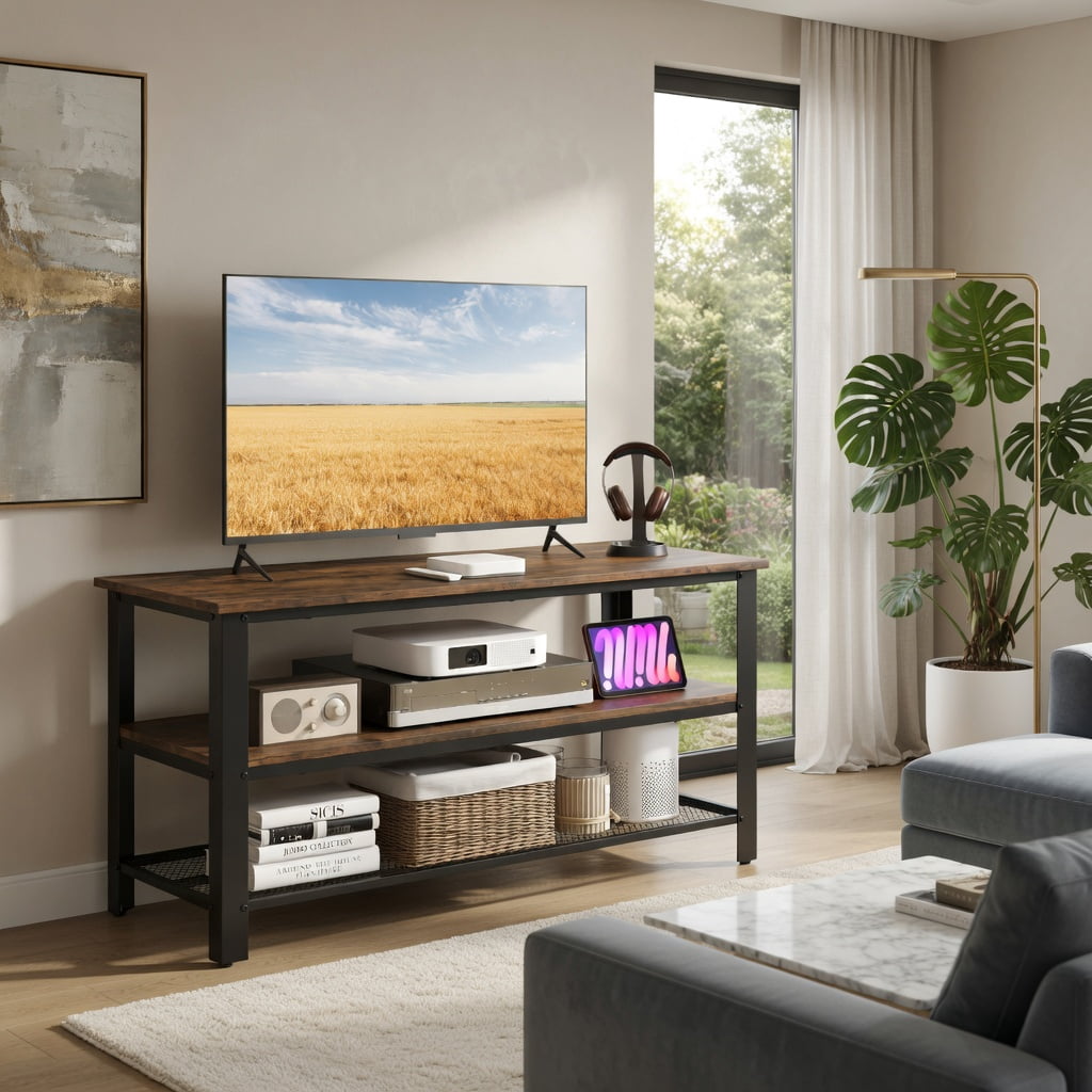 Topcobe 3-Tier Industrial Entertainment TV Stand with Metal Mesh Shelf, Modern TV Stands, TV Furniture for Living Room