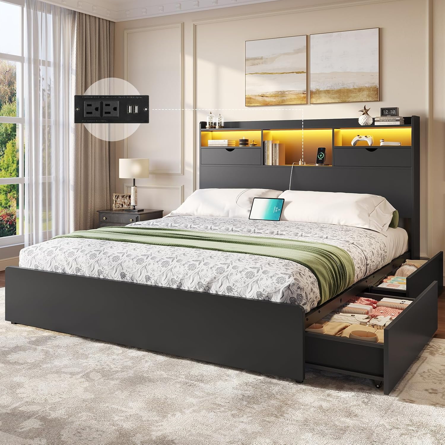 Queen Size Bed Frame with Bookcase Headboard and Charging Station, Wooden Platform Bed Frame with LED Lights and 4 Drawers, Queen Beds for Bedroom, No Box Spring Required, Black