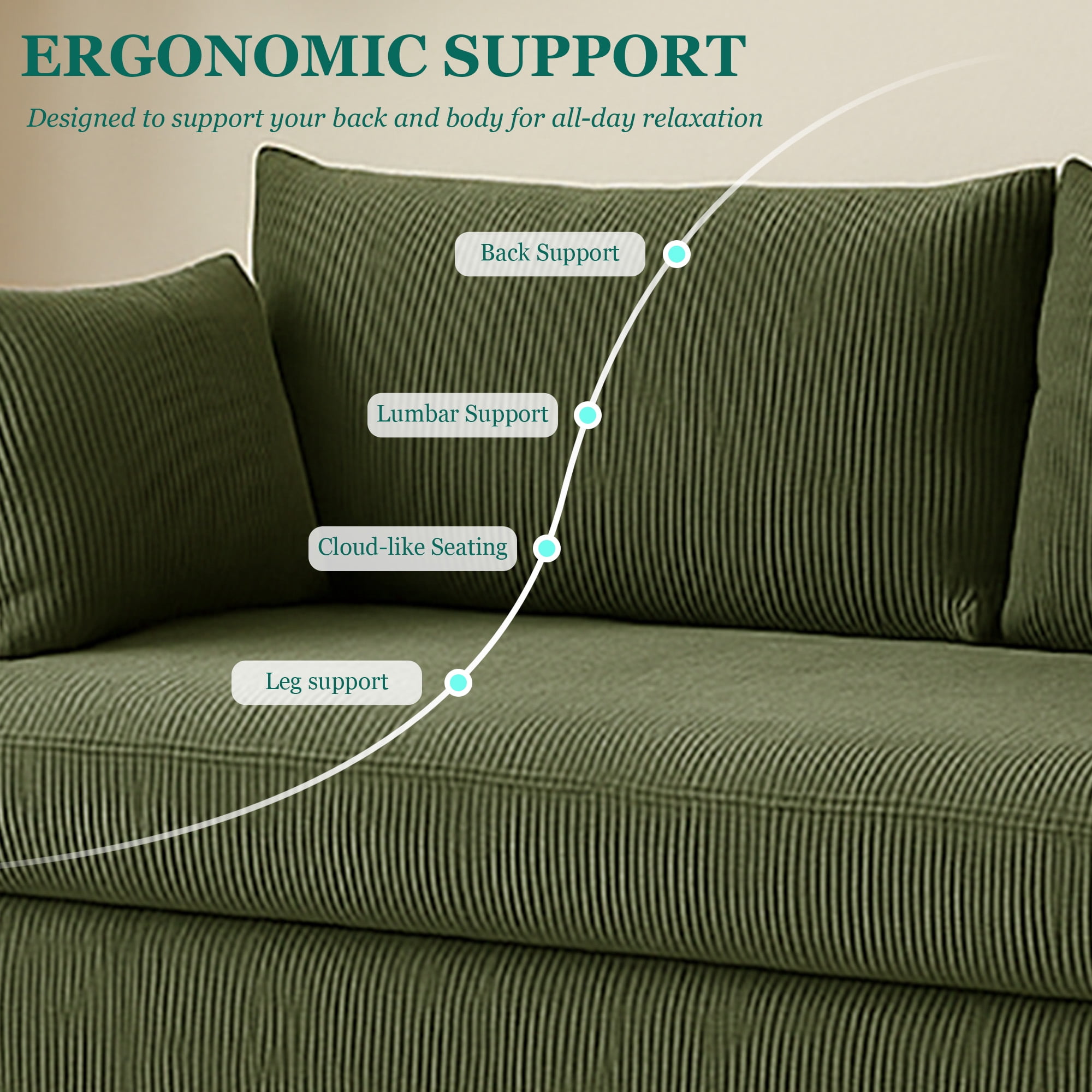 MOONMISS 79" Corduroy Sofa,3 Seater Sofa with Extra Deep Seats,Comfy Upholstered Couch for Living Room,2 Pillows,Green