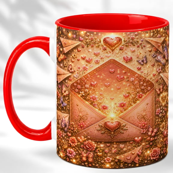 Love Letter Coffee Mug, Romantic Envelope Mug, Heart Flowers Butterfly Gift for Her, Valentine Friendship Design, Ceramic 11 Oz Cup