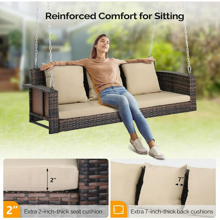 VINGLI 5 ft Rattan Outdoor Porch Swing Heavy Duty 800 lbs Wicker Hanging Swing with Cushions for Porch Yard Balcony Tree Brown Walmart