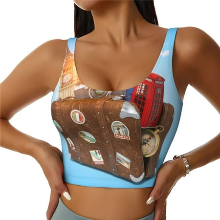 Jgfou Trip to London Print Womens Sports Bra - Padded Workout Sports Bras Crop Tank Top