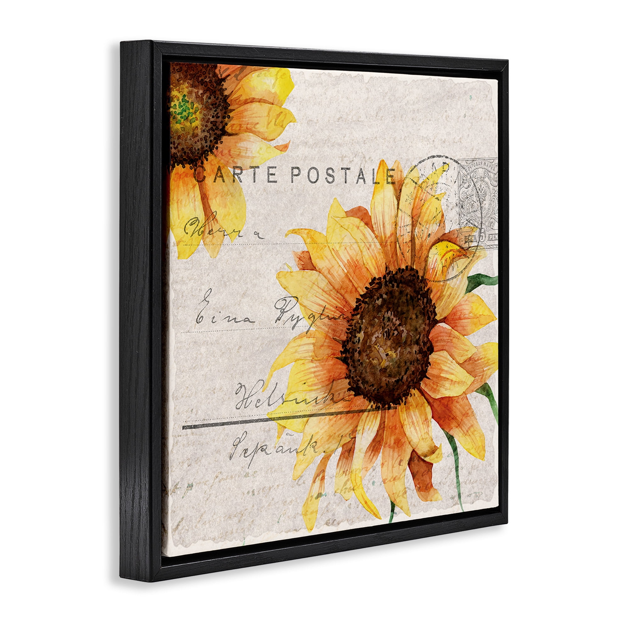 Stupell Industries Sunflower Vintage Mail Post Botanical & Floral Painting Black Floater Framed Canvas Art Print Wall Art, 18 x 18