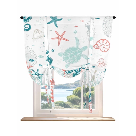 Coastal Turtle Tie Up Curtains for Windows 45 Inch Length Balloon Curtains Kitchen Adjustable Balloon Window Shade Teal Green Ocean Coral Starfish Jellyfish Tie Up Bathroom Curtain Window 34"x45"