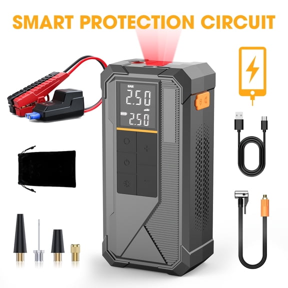 Multifunctional 7-in-1 Emergency Car Jump Starter, 150PSI Portable Air Compressor Tire Inflator with Digital Gauge, Battery Charger, 4 Nozzles & Storage Bag