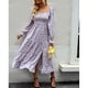 thumbnail image 2 of Vestido acampanado con estampado floral bohemio, manga larga, cuello cuadrado, dobladillo con volantes, cintura alta, vestido a media pierna Púrpura M, 2 of 8
