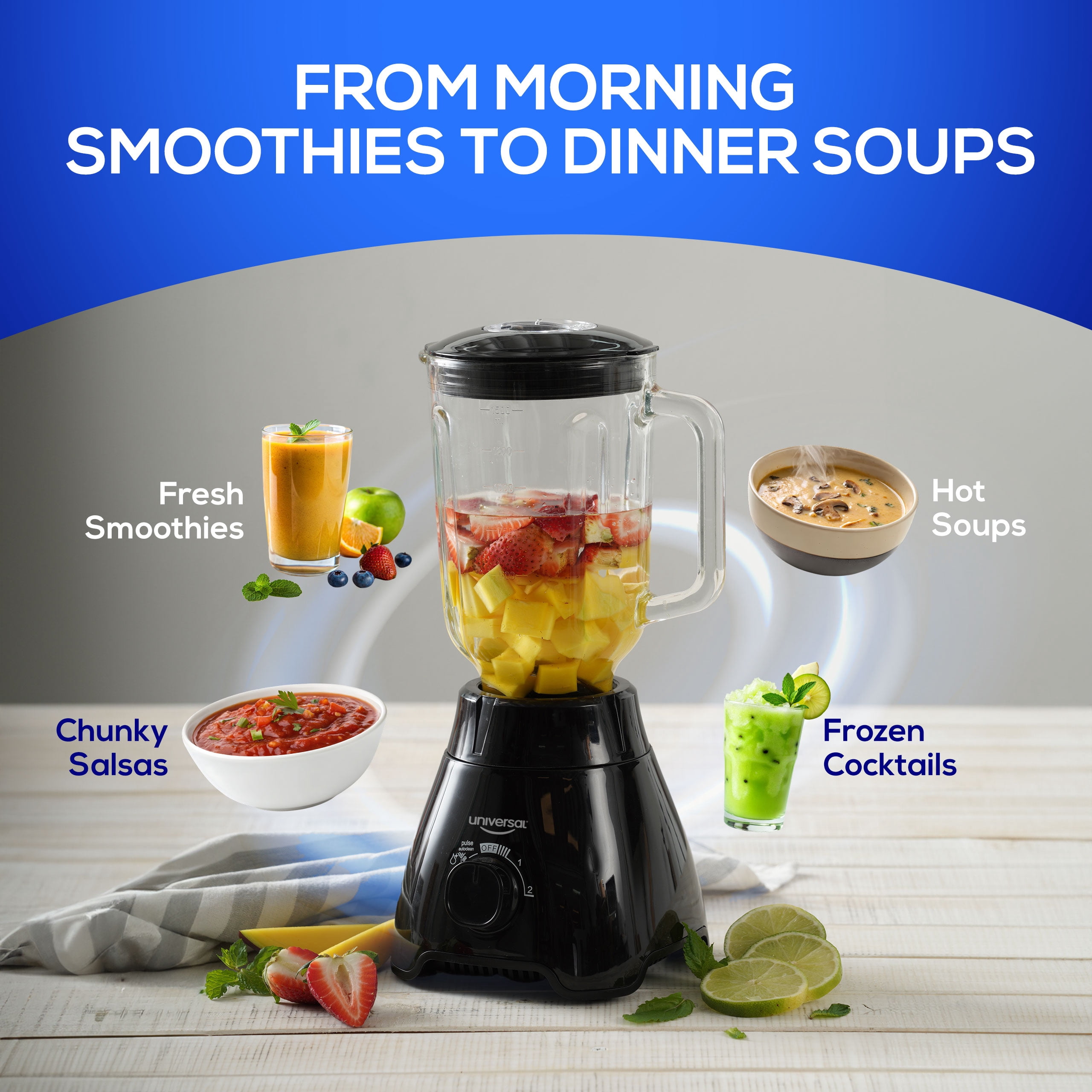 Universal 550W Mass Vital Blender - Glass Jar 57 Oz / 1.8 Quart / 1.7 Liter, 2 Speed + Pulse Function and 4 Stainless Steel Blade with Chrome Steel Technology